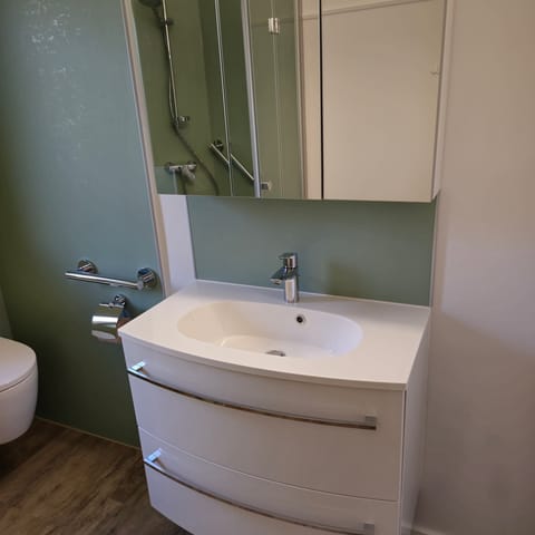 Modernisiertes Badezimmer mit neuem Waschtisch und Spiegelschrank
